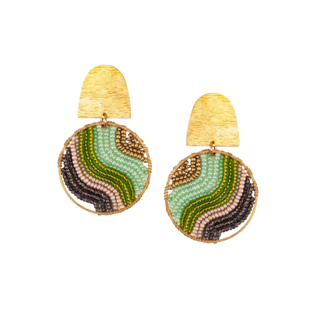 Beaded & Brass Flow Post Earrings - Wood Fern