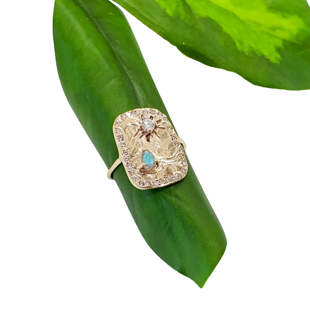 Brass Crystallized Moon and Star Ring