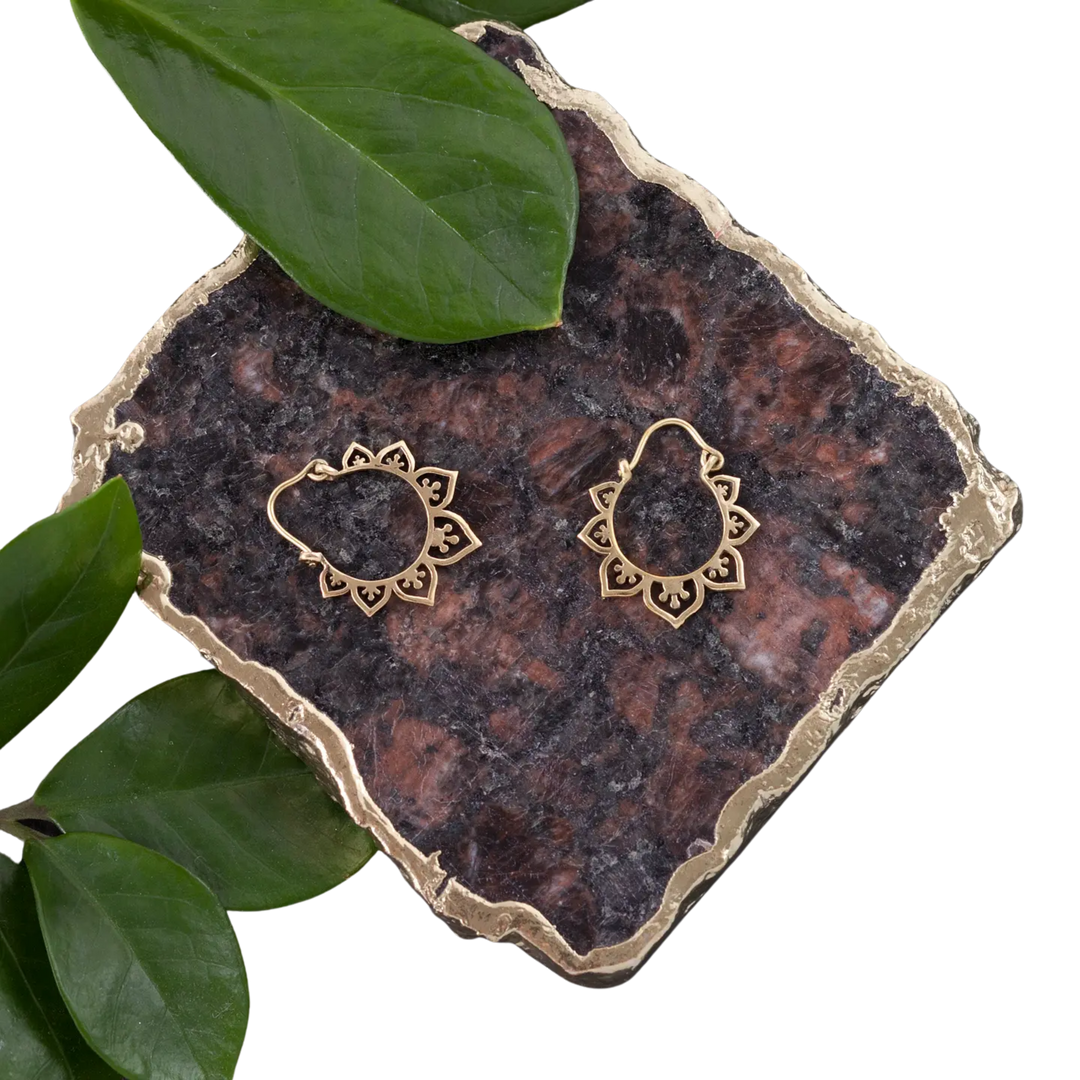 Tiny Brass Lotus Decorated Hoops