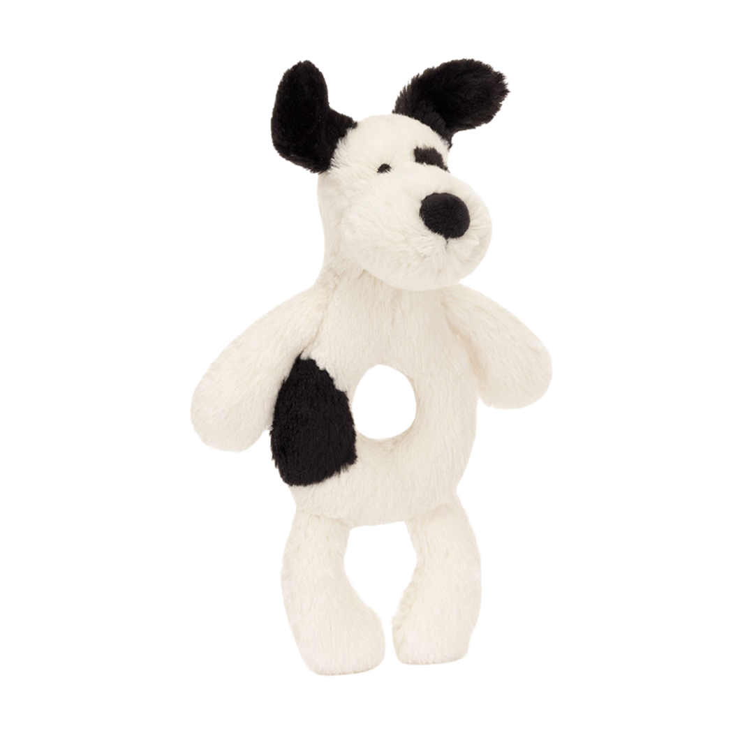 Bashful Black and Cream Puppy Ring Rattle