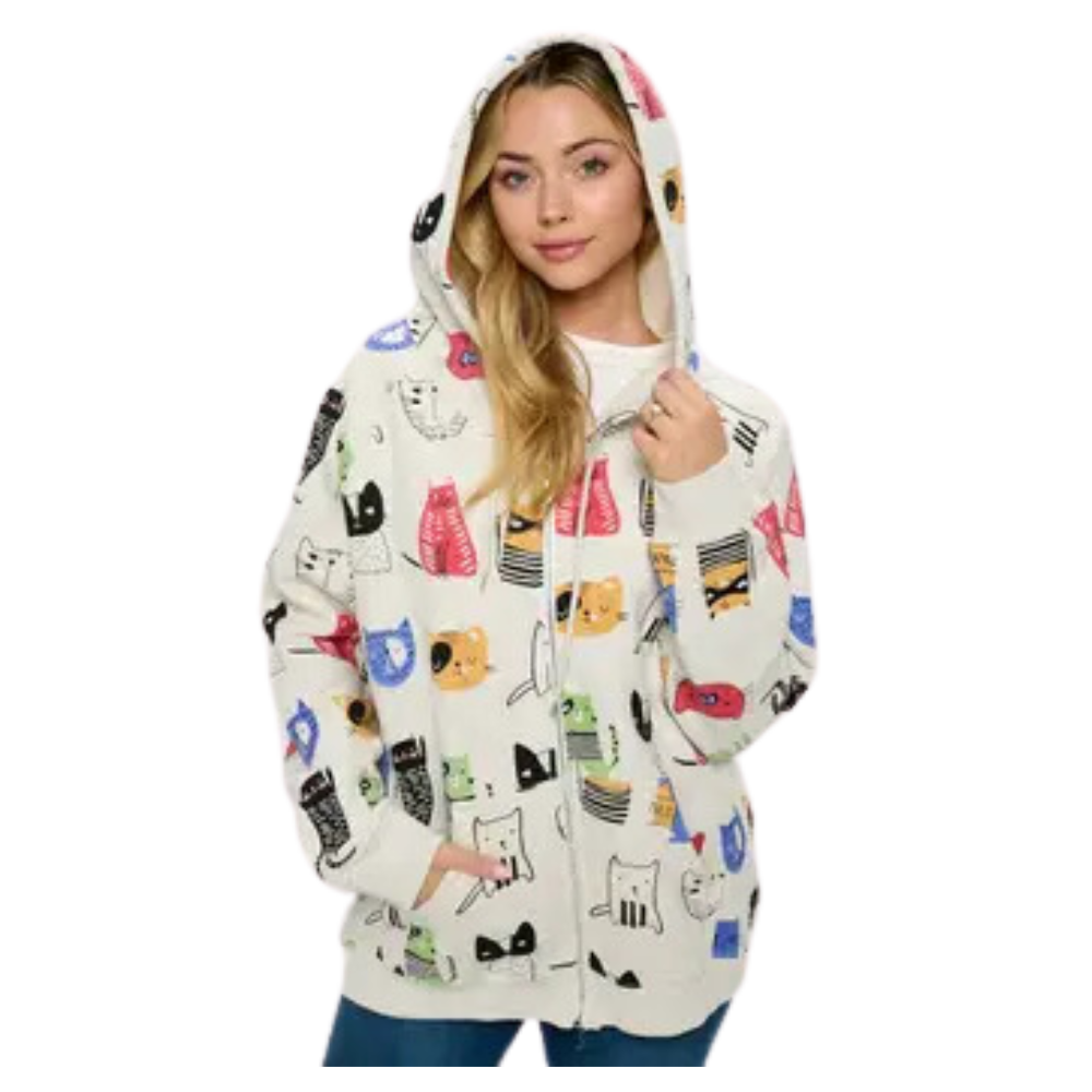 Cartoon Cats Print Zip Up Hoodie
