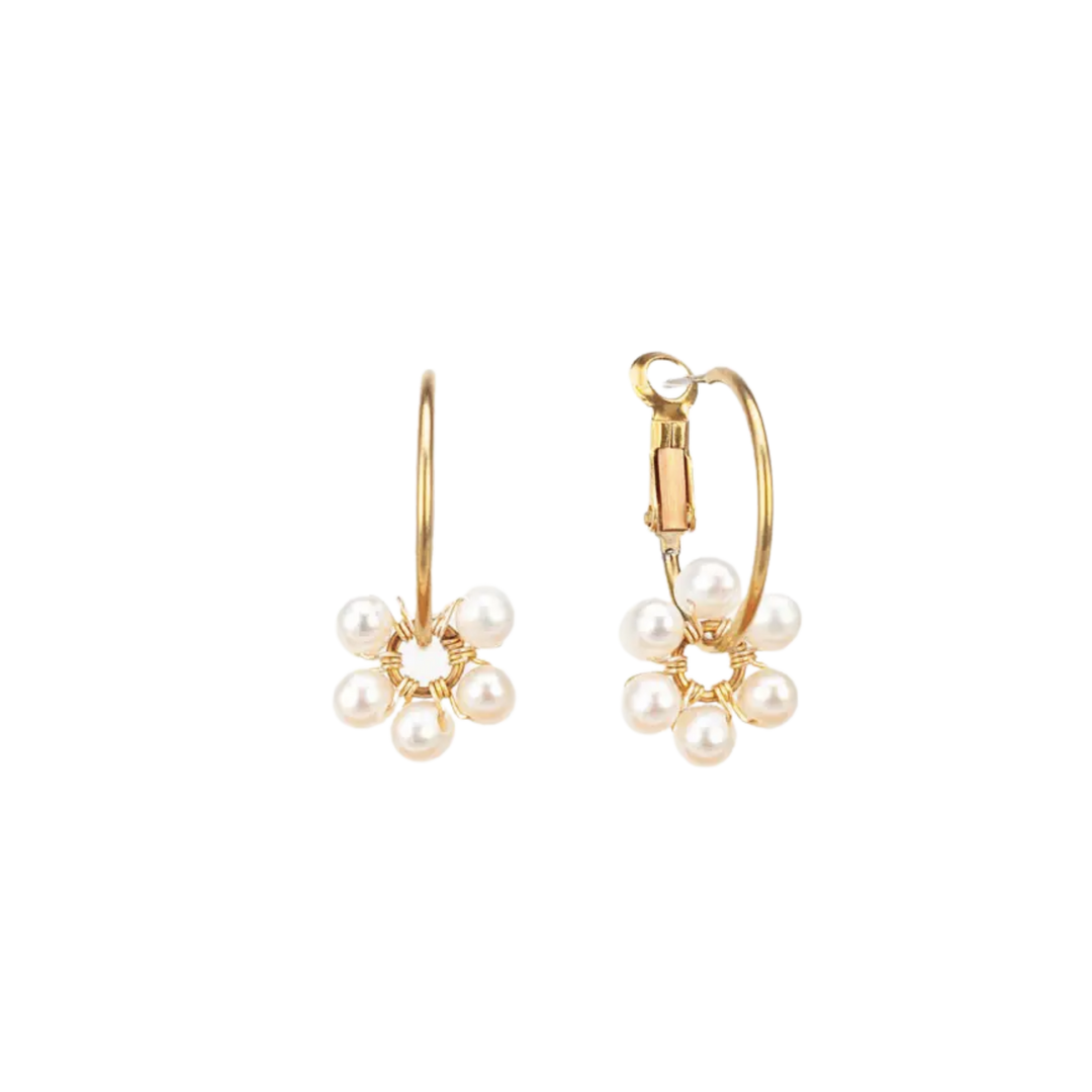 Pearl Daisy Charm Hoop Earrings