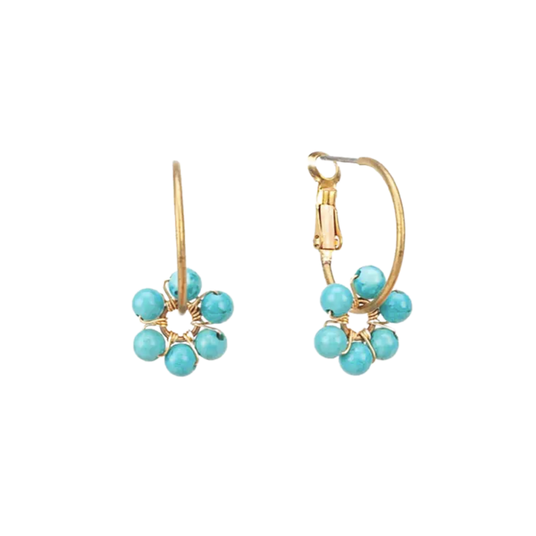 Turquoise Daisy Charm Hoop Earrings
