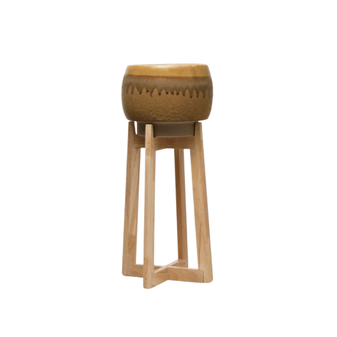 Stoneware Planter with Wood Stand Mustard