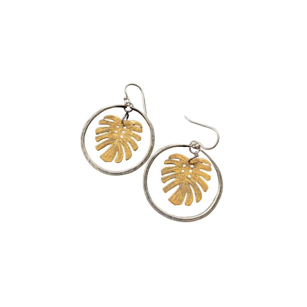 Tiny Brass Monstera Leaf in Small Silver Hoops