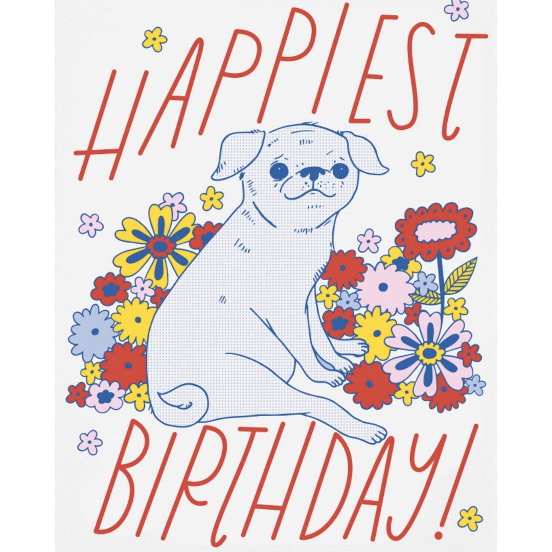 Pug Stevie Floral Birthday Greeting Card