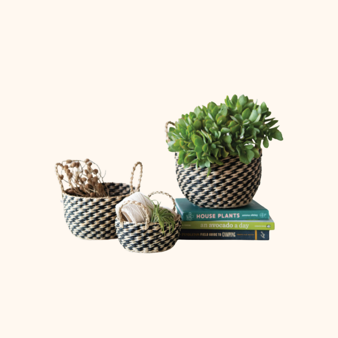 Black & Beige Hand-Woven Seagrass Baskets with Handles