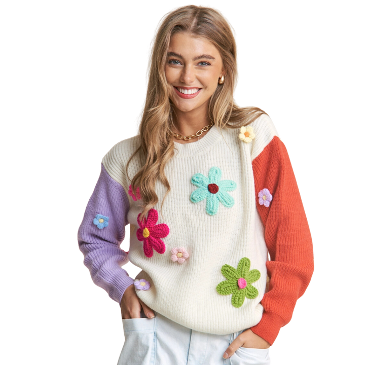 Crochet Floral Color-Block Knit Sweater