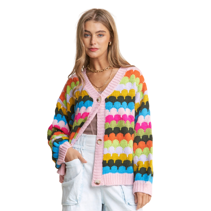 Fish Scales Multicolor Design Knit Cardigan