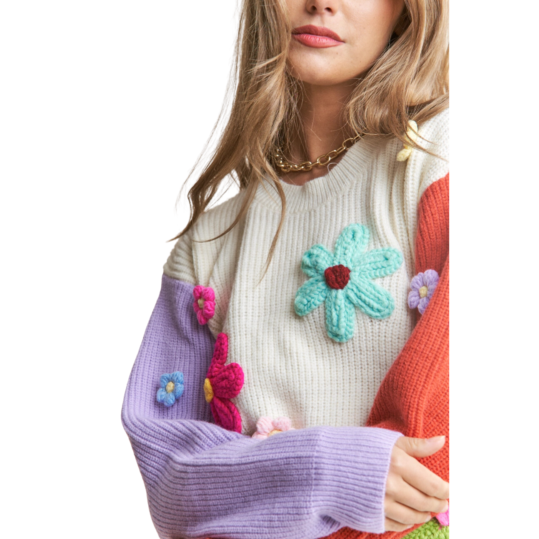 Crochet Floral Color-Block Knit Sweater