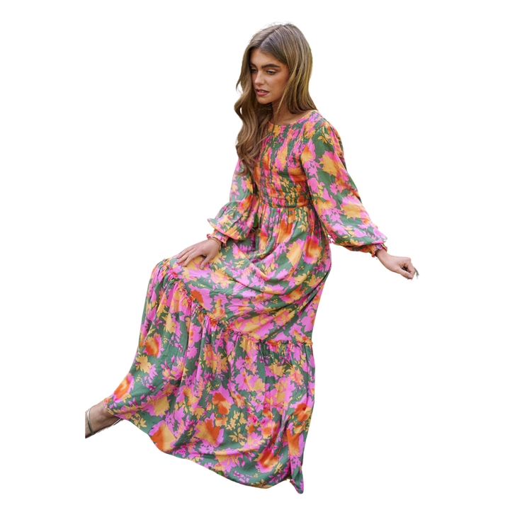 Smocked Bodice Long Balloon Sleeve Maxi Dress