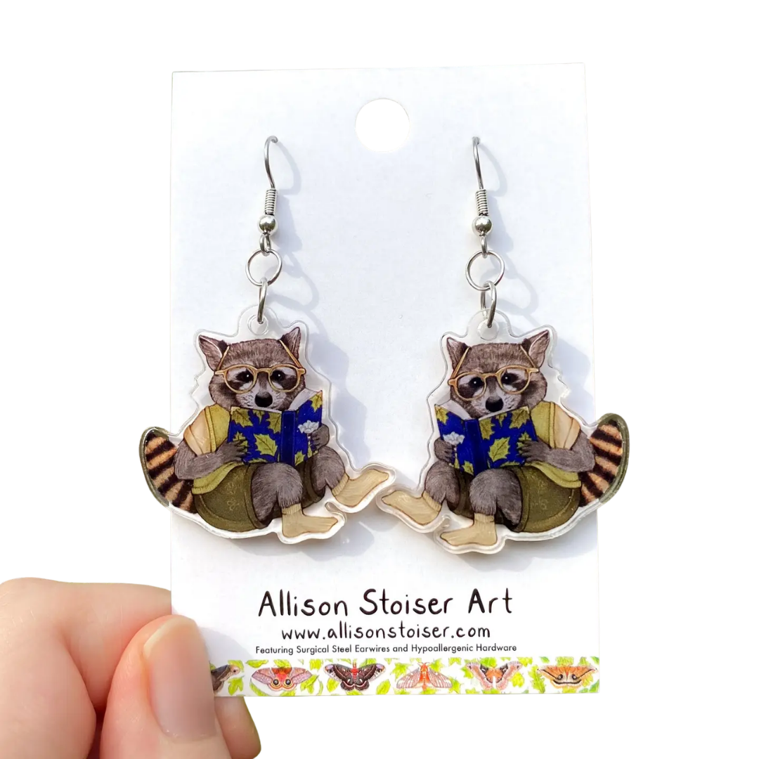 Acrylic Bookish Raccoon Earrings