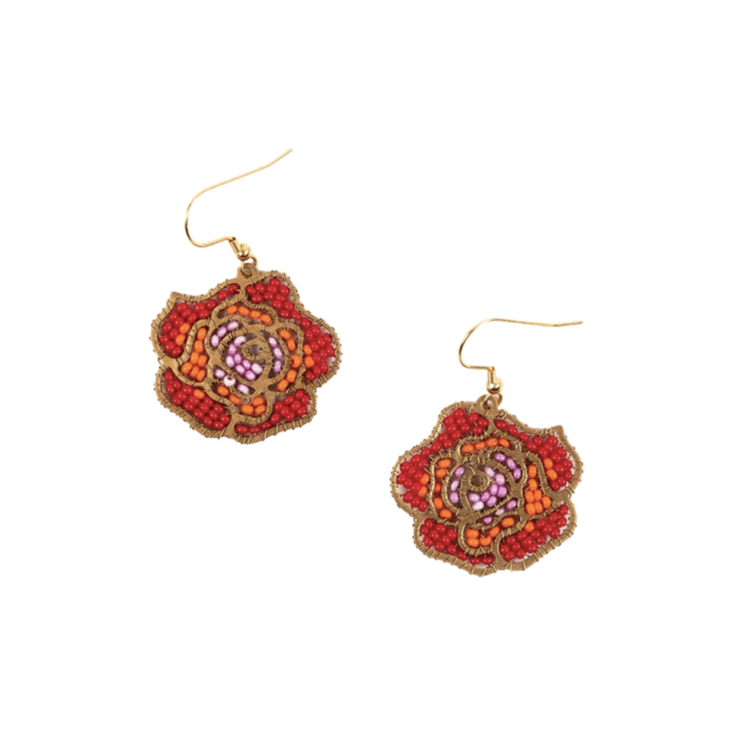 Red Beaded Rose Earrings
