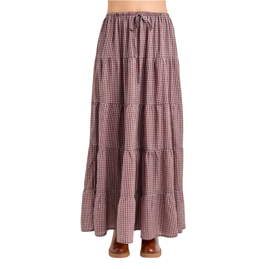 Plus Size Plaid Print Drawstring Tiered Midi Skirt