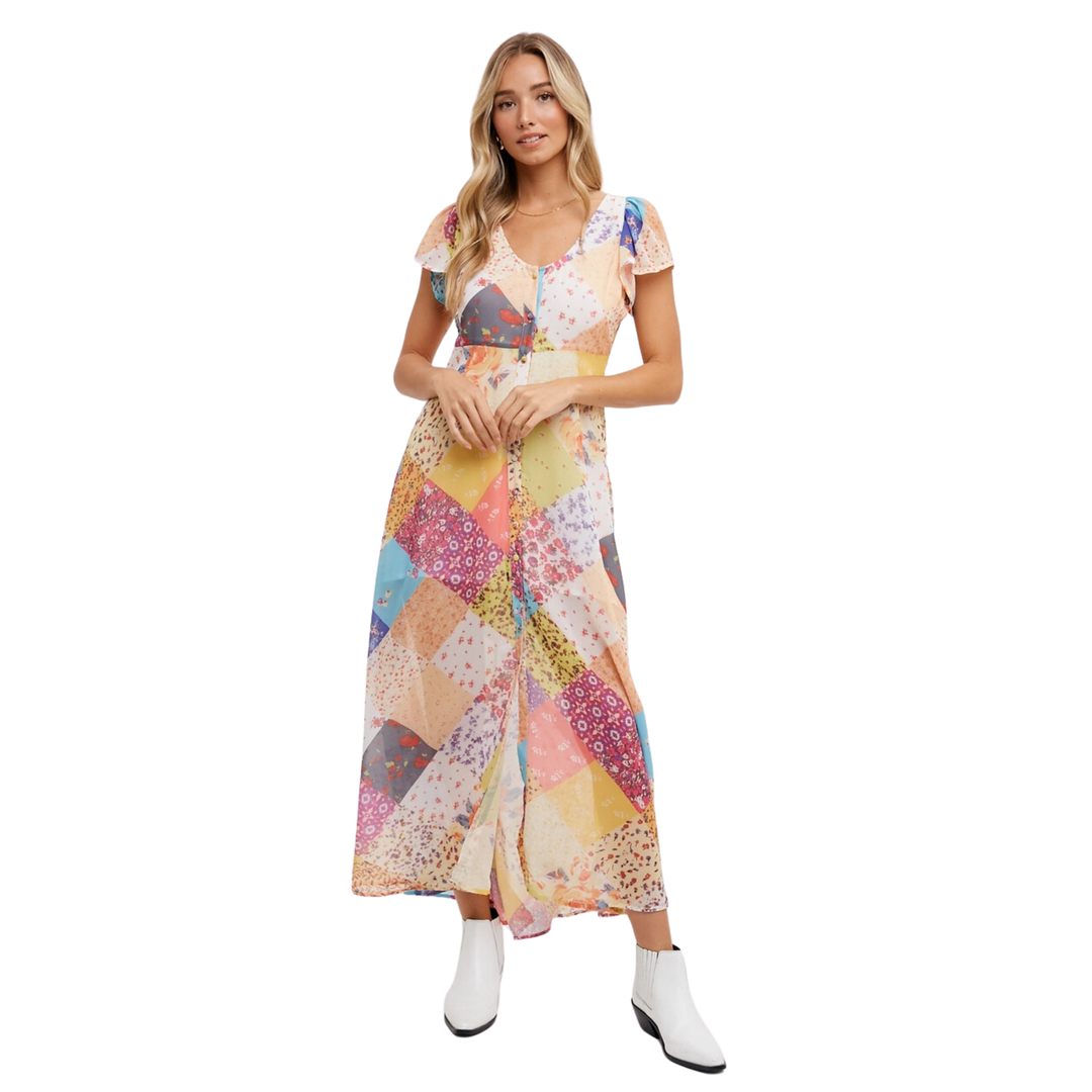 Quilt Printed Button Down Maxi Dress