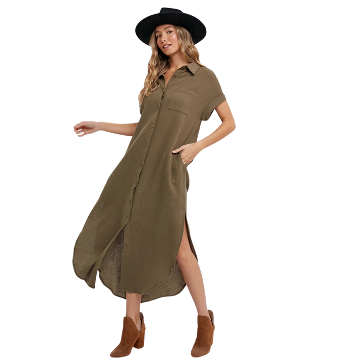 Button Up Maxi Shirt Dress - Olive