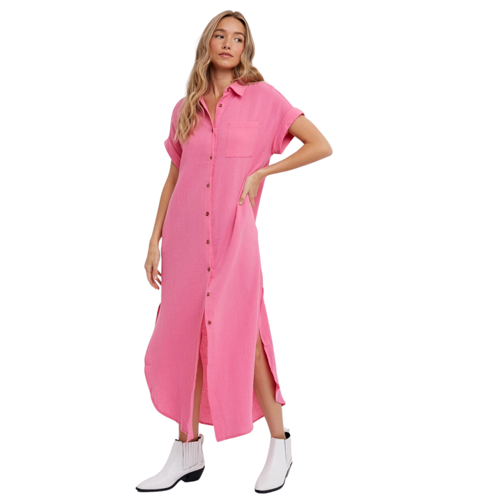 Button Up Maxi Shirt Dress - Barbie Pink