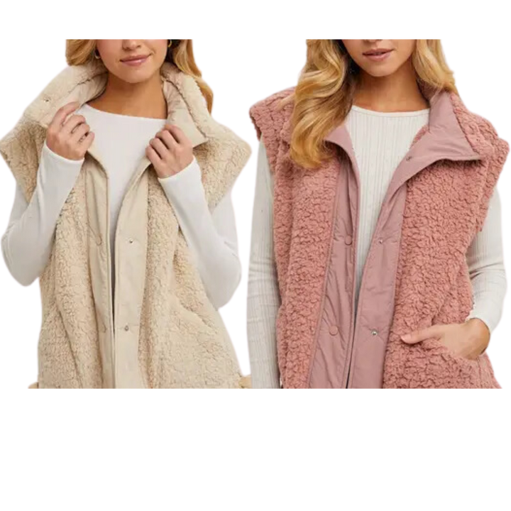 Button Down Mock Neck Fleece Sherpa Vest