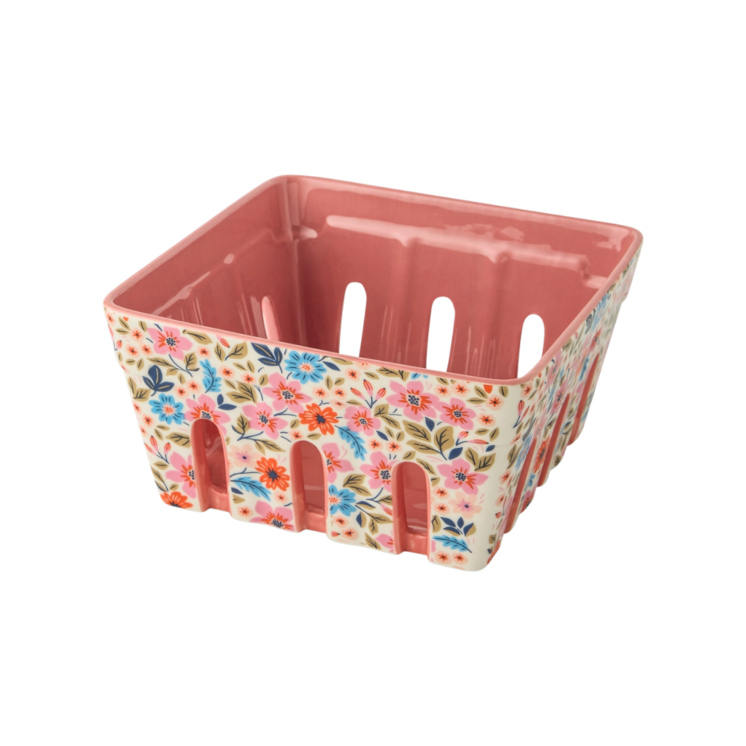 Pink Wildflower Ceramic Berry Basket