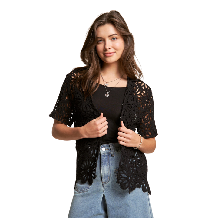 Crochet Scalloped Hem Short Sleeve Cover Up Top - Black