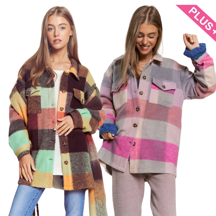 Plus Multi Color Plaid Fuzzy Brushed Shacket