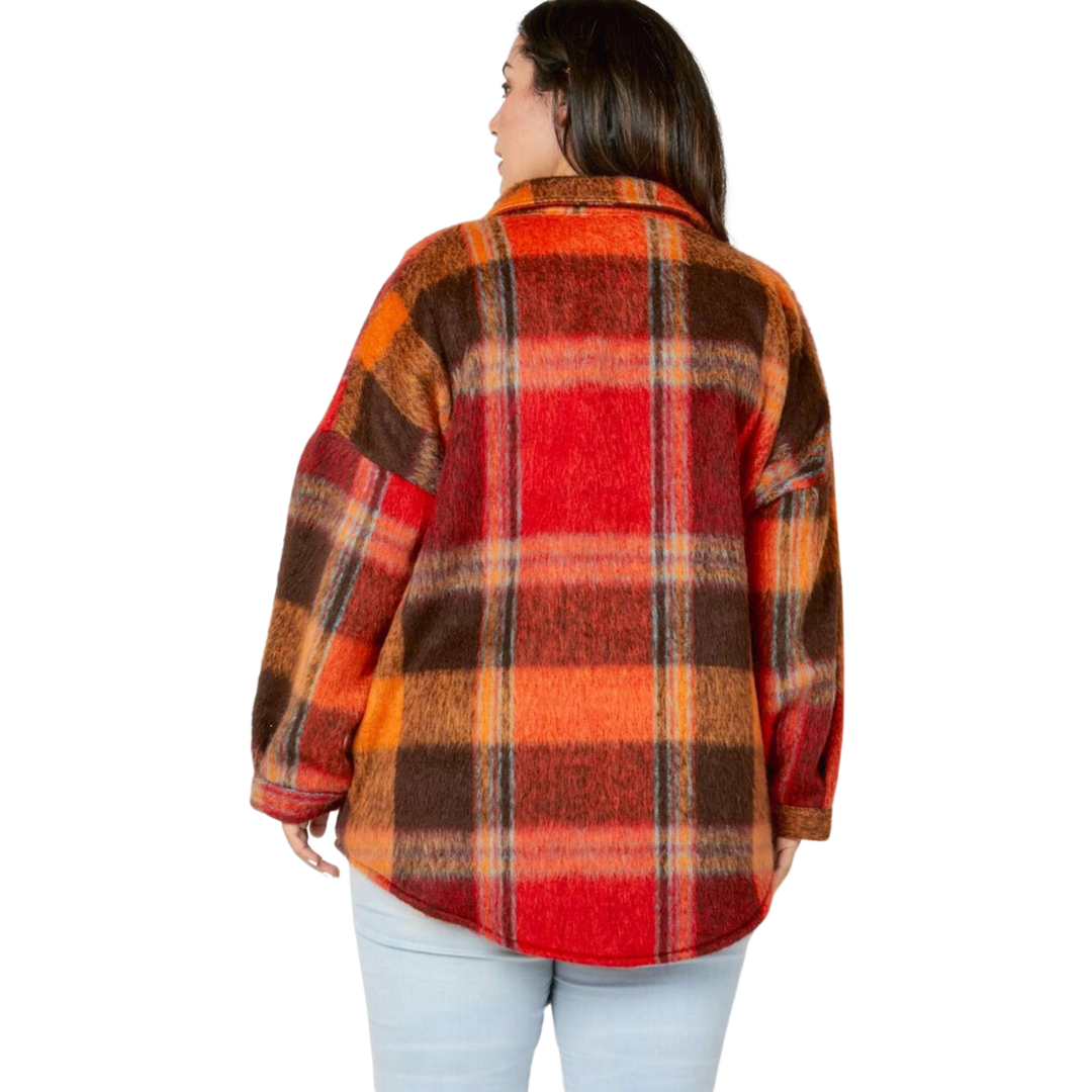 Plus Plaid Button Down Shirt with Front Pocket - Red