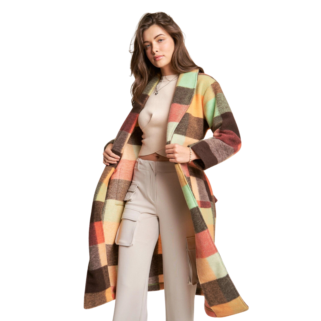 Fuzzy Multi Color Block Checker Waist Belt Coat