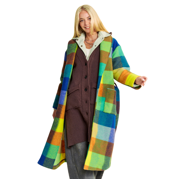 Fuzzy Multi Color Block Checker Waist Belt Coat