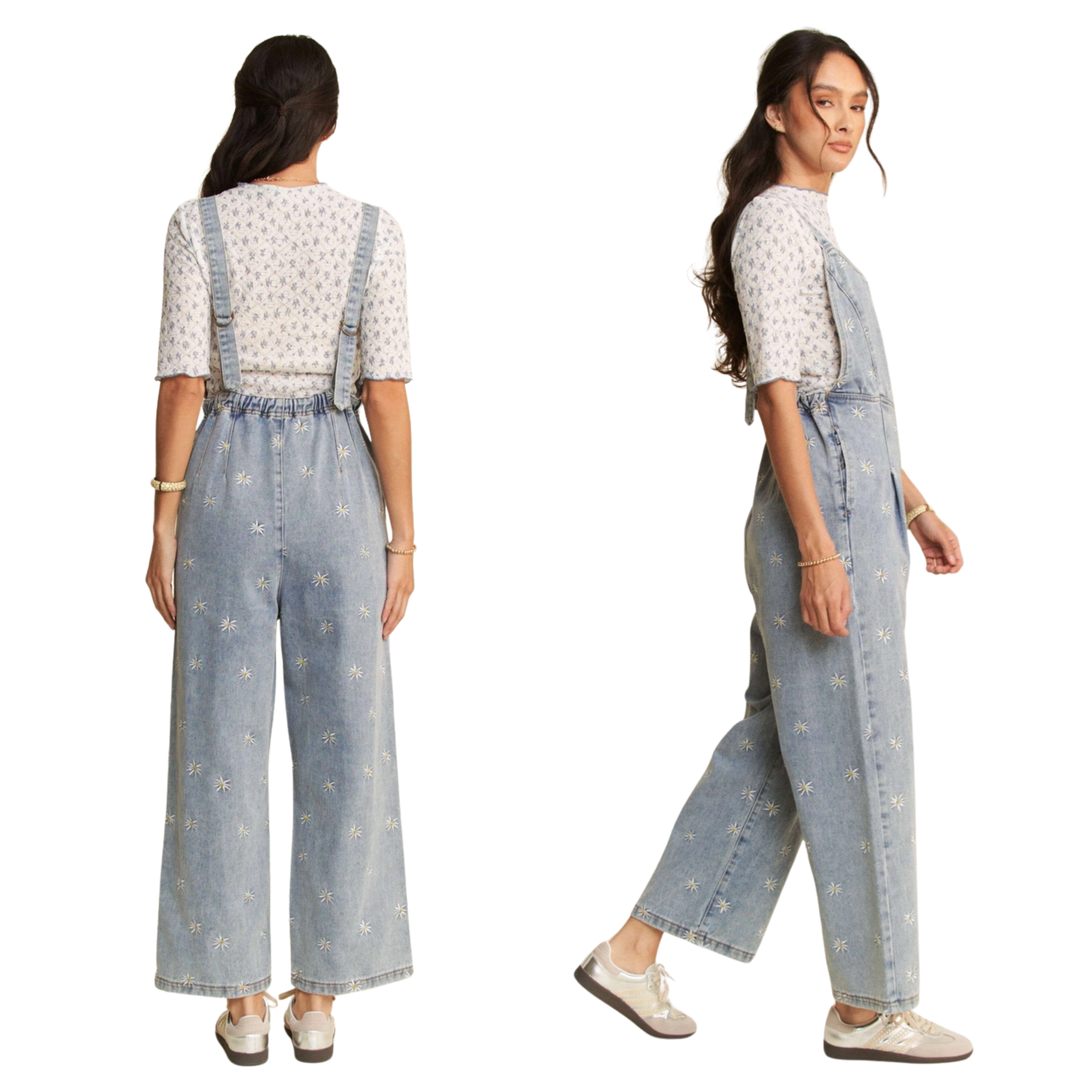 Daisy Embroidered Side Pocket Denim Overalls