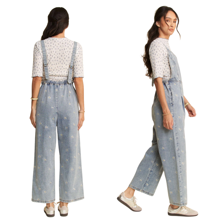 Daisy Embroidered Side Pocket Denim Overalls