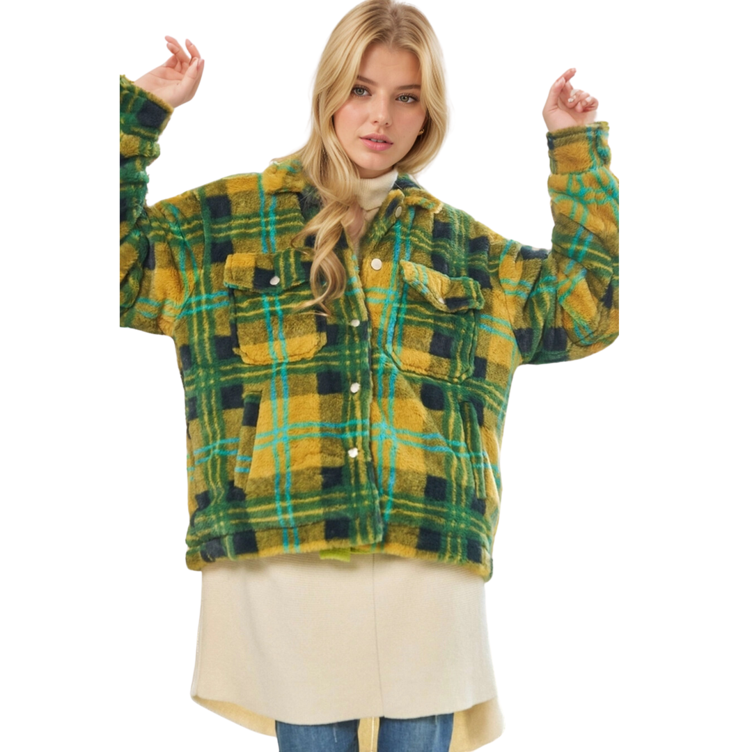 Fuzzy Plaid Collar Button Down Loose Fit Jacket