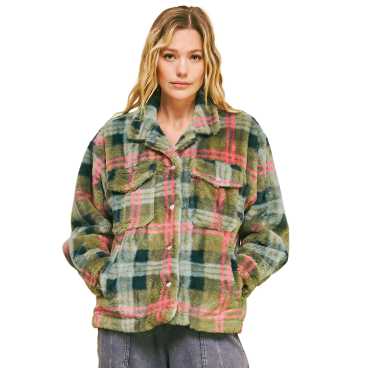 Fuzzy Plaid Collar Button Down Loose Fit Jacket