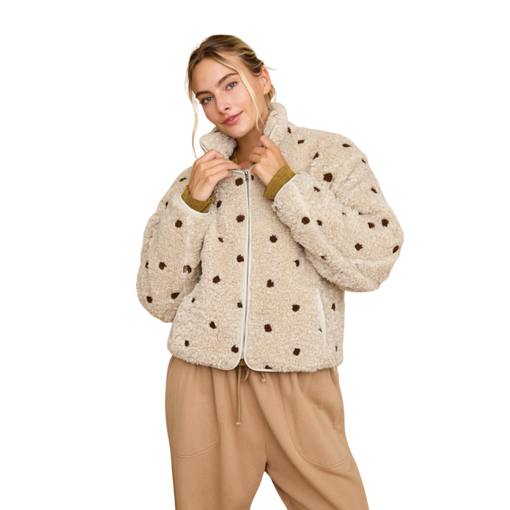 Polka Dot Sherpa Fleece Zip Front Jacket