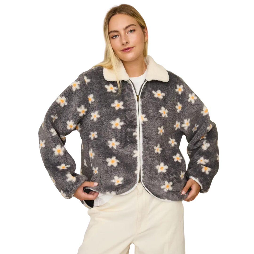Floral Plush Sherpa Jacket Gray Multi