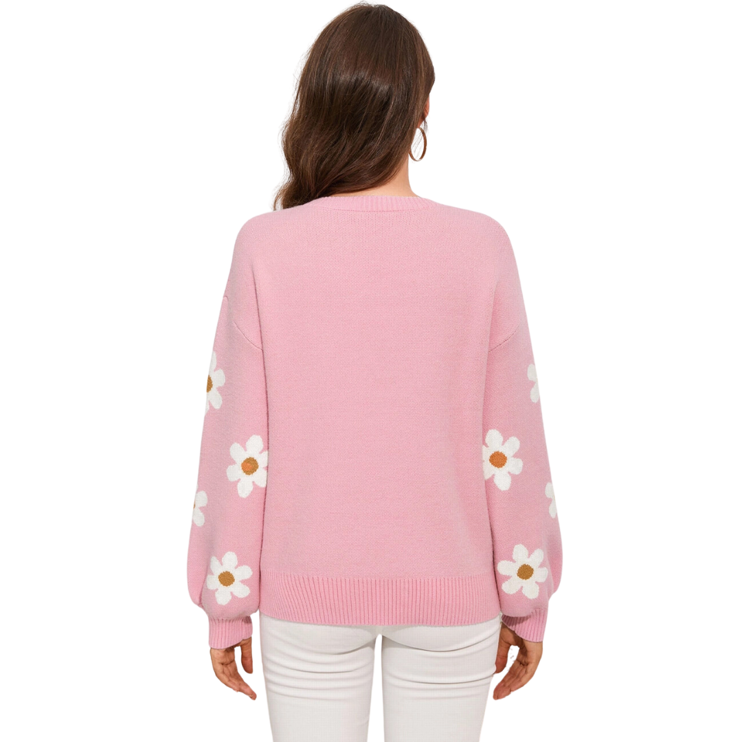 Floral Pattern Drop Shoulder Sweater-Pink