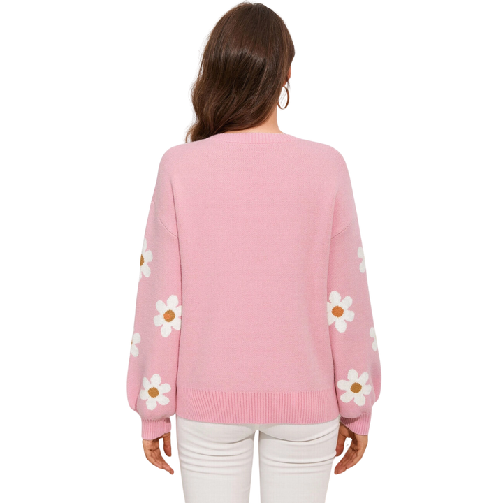 Floral Pattern Drop Shoulder Sweater-Pink