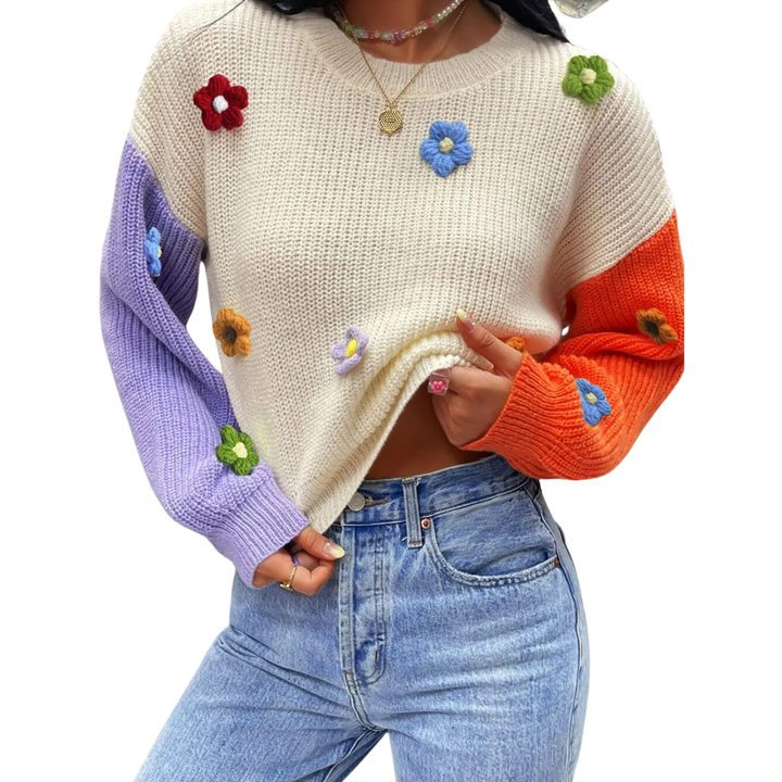 Flower Applique Colorblock Drop Shoulder Sweater