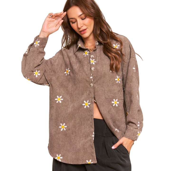 Corduroy Floral Embroidered Shaket - Ash Mocha