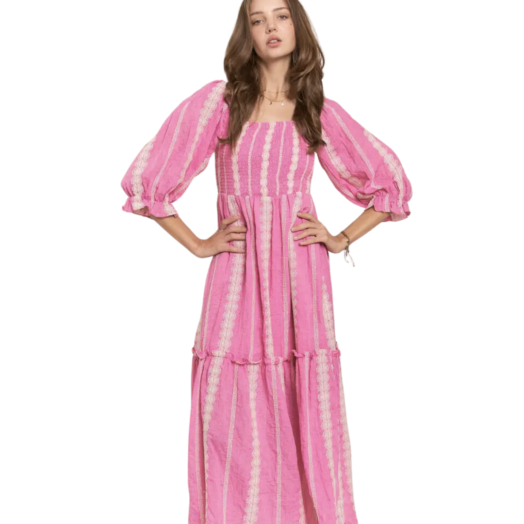 Embroider Detail Smocked Top Maxi Dress