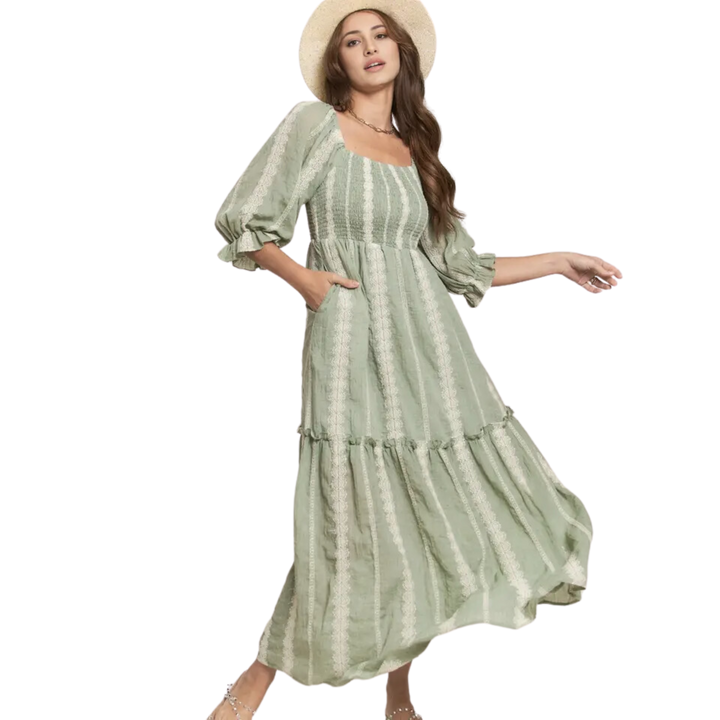 Embroider Detail Smocked Top Maxi Dress