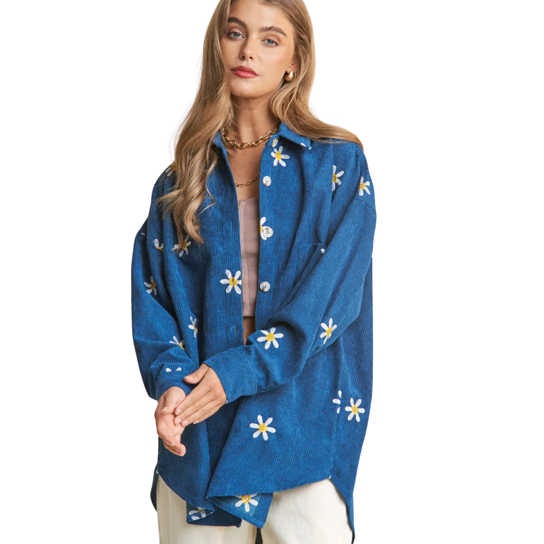 Long Sleeve Floral Button Down Top - Spanish Blue