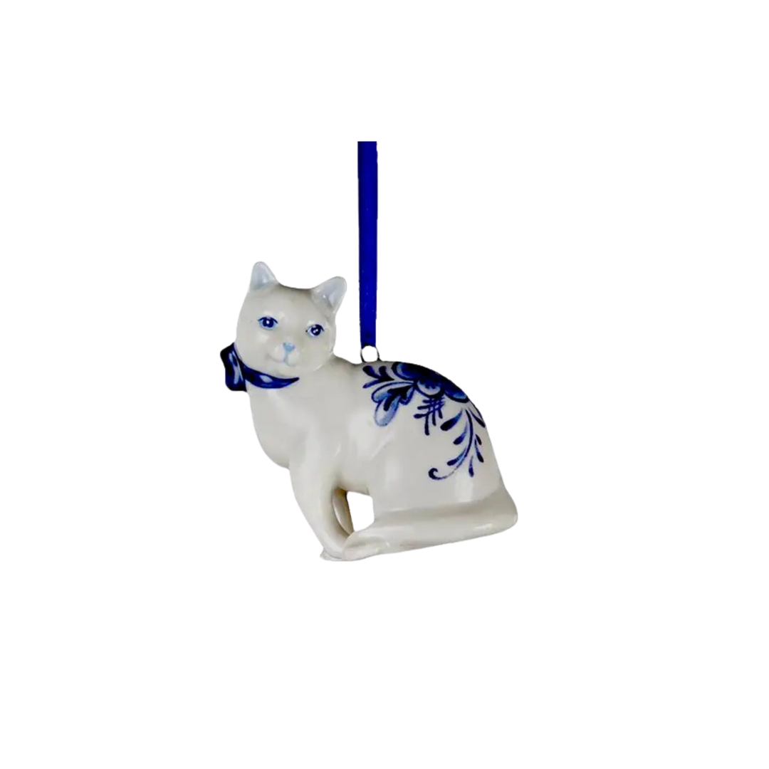 Porcelain Delft Blue Cat Ornament