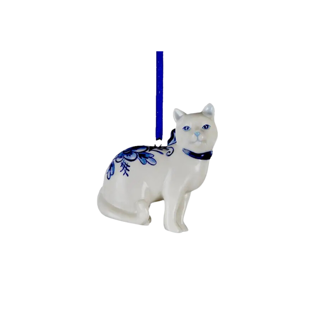 Porcelain Delft Blue Cat Ornament