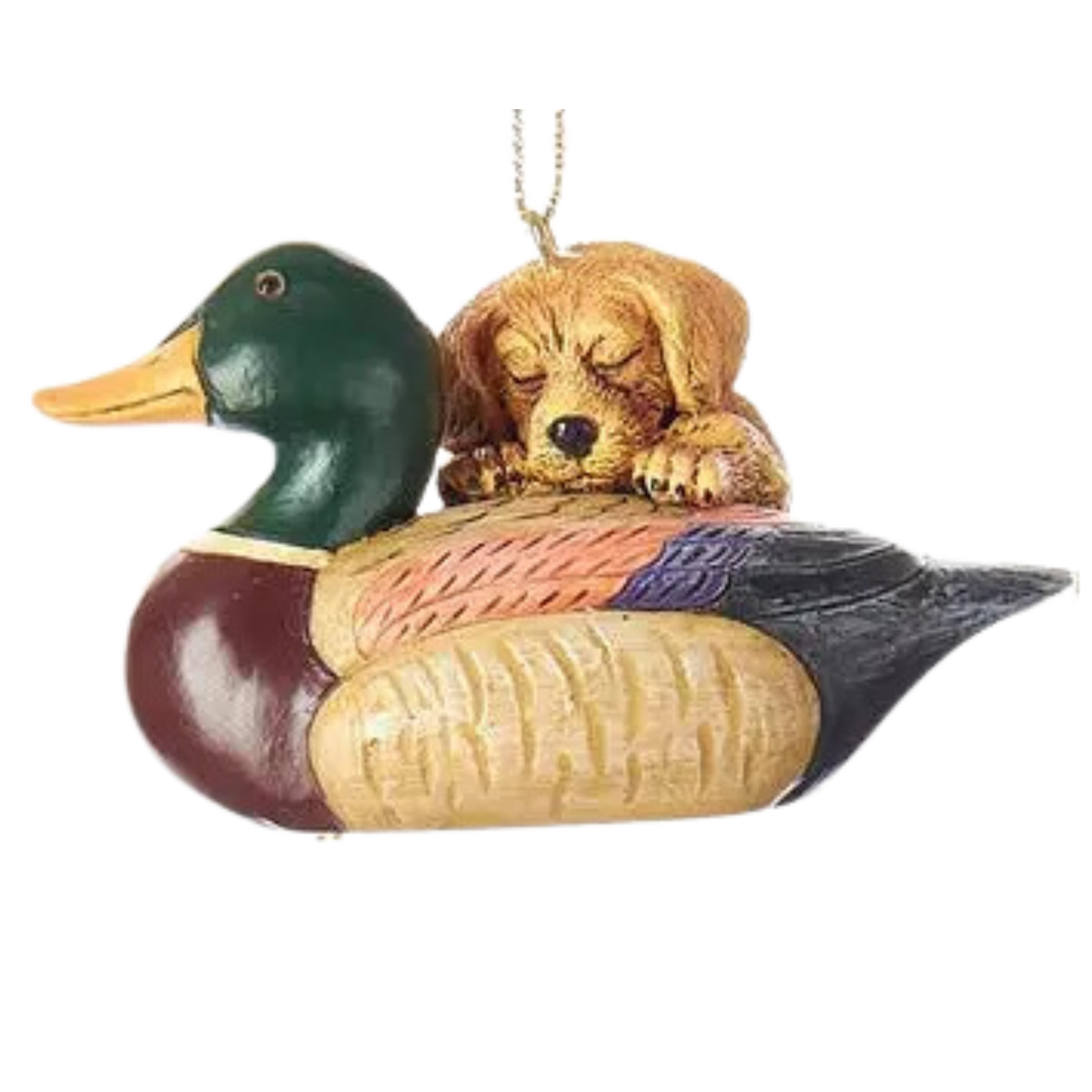 Resin Puppy with Duck Decoy Ornament