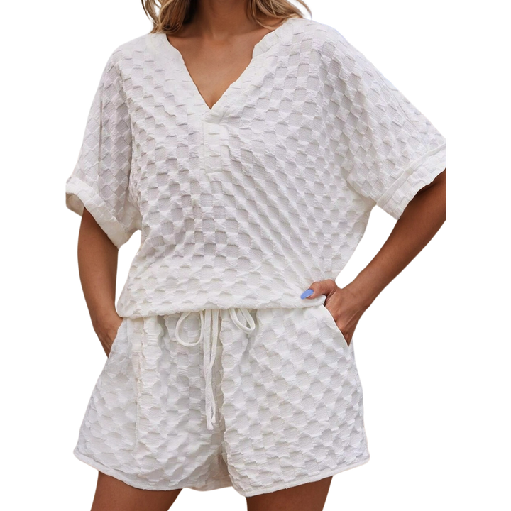 Textured Split Neck Top and Drawstring Shorts Set