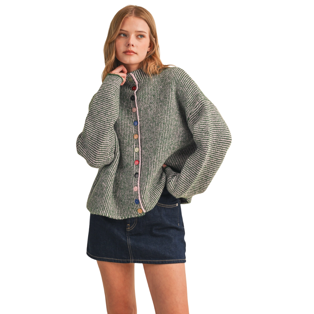 Striped Sweater Cardigan with Colorful Buttons