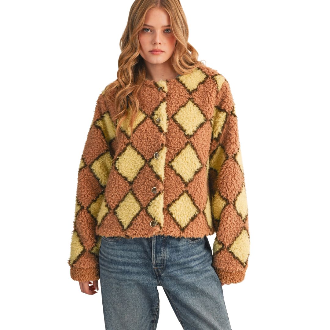 Faux Shearling Argyle Jacket