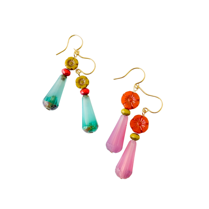 Glass Flower Bead Drop Earrings with Colorful Glass Accents