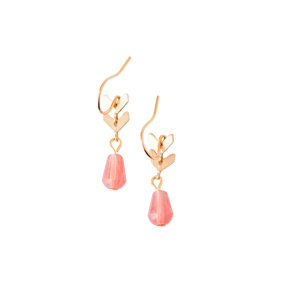 Gold Chevron Earrings Pink Glass Drop Delicate Minimal