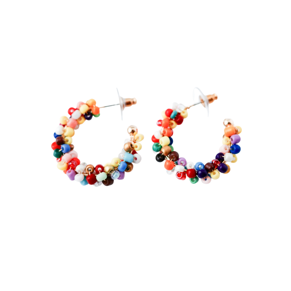 Medium Multicolor Beaded Silver C-Hoop Earrings